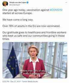歐盟開(kāi)打疫苗一周年 馮德萊恩：逾78%成年人完成接種