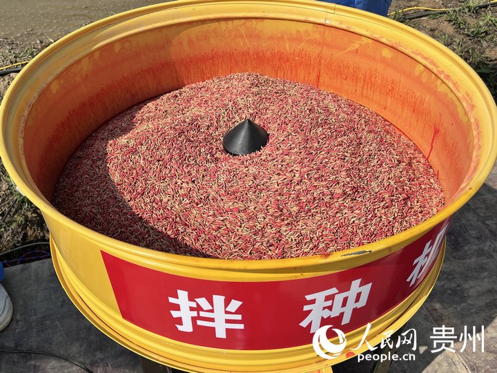 貴陽市堰塘村農(nóng)機(jī)作業(yè)現(xiàn)場，拌種機(jī)正在運(yùn)轉(zhuǎn)。人民網(wǎng) 陳潔泉攝